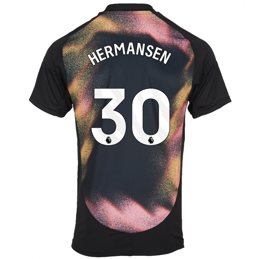 Kids Football Mads Hermansen #30 Black White Away Jersey 2024/25 T-Shirt