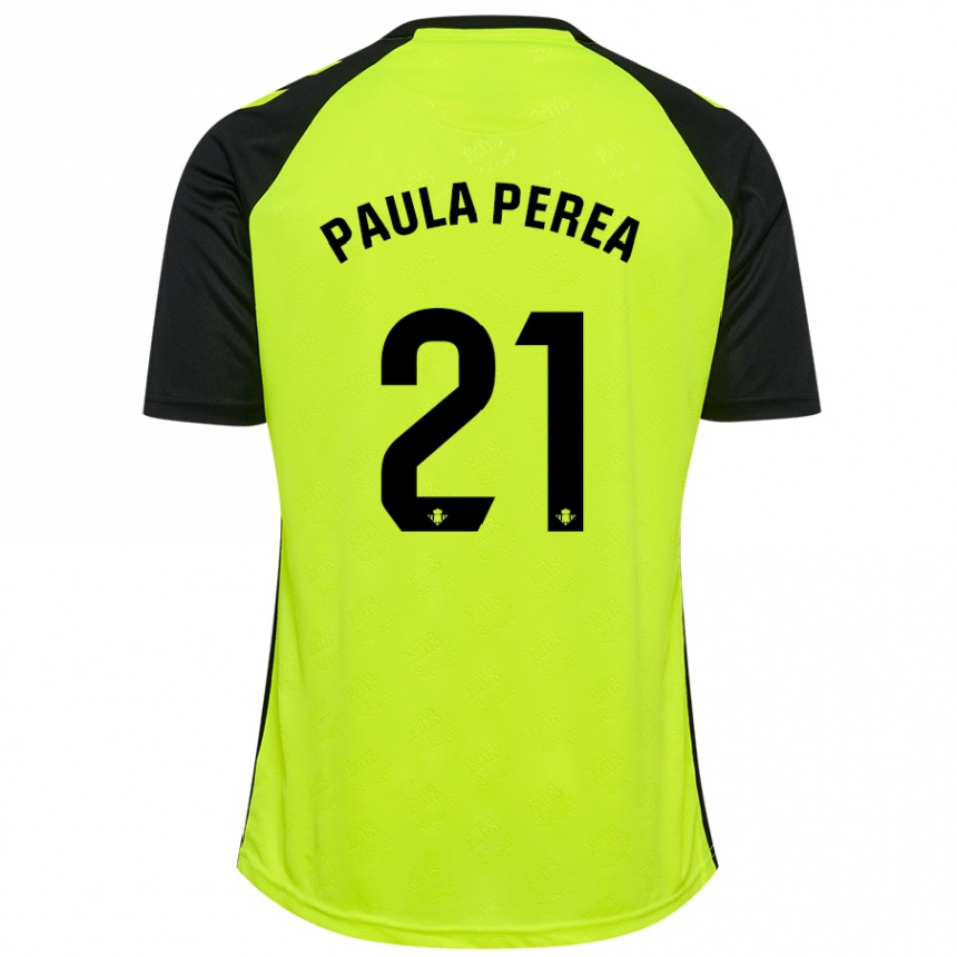 Kids Football Paula Perea Ramírez #21 Fluorescent Yellow Black Away Jersey 2024/25 T-Shirt