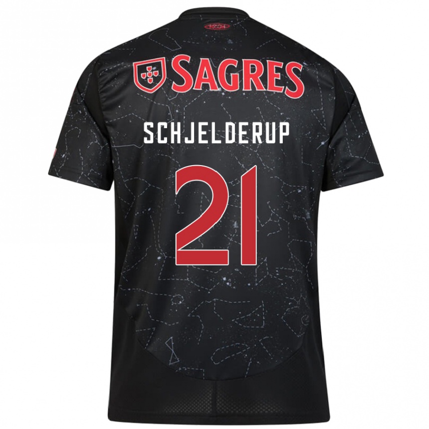 Kids Football Andreas Schjelderup #21 Black Red Away Jersey 2024/25 T-Shirt