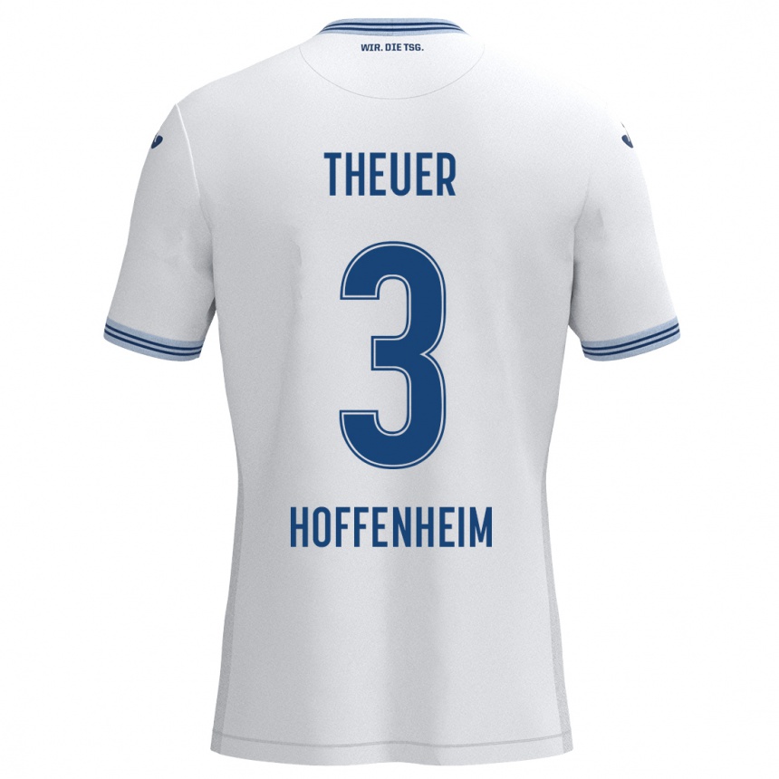 Kids Football Maximilian Theuer #3 White Blue Away Jersey 2024/25 T-Shirt