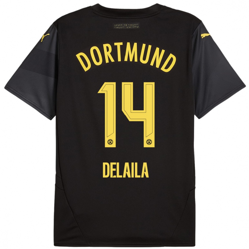 Women Football Amega Delaila #14 Black Yellow Away Jersey 2024/25 T-Shirt