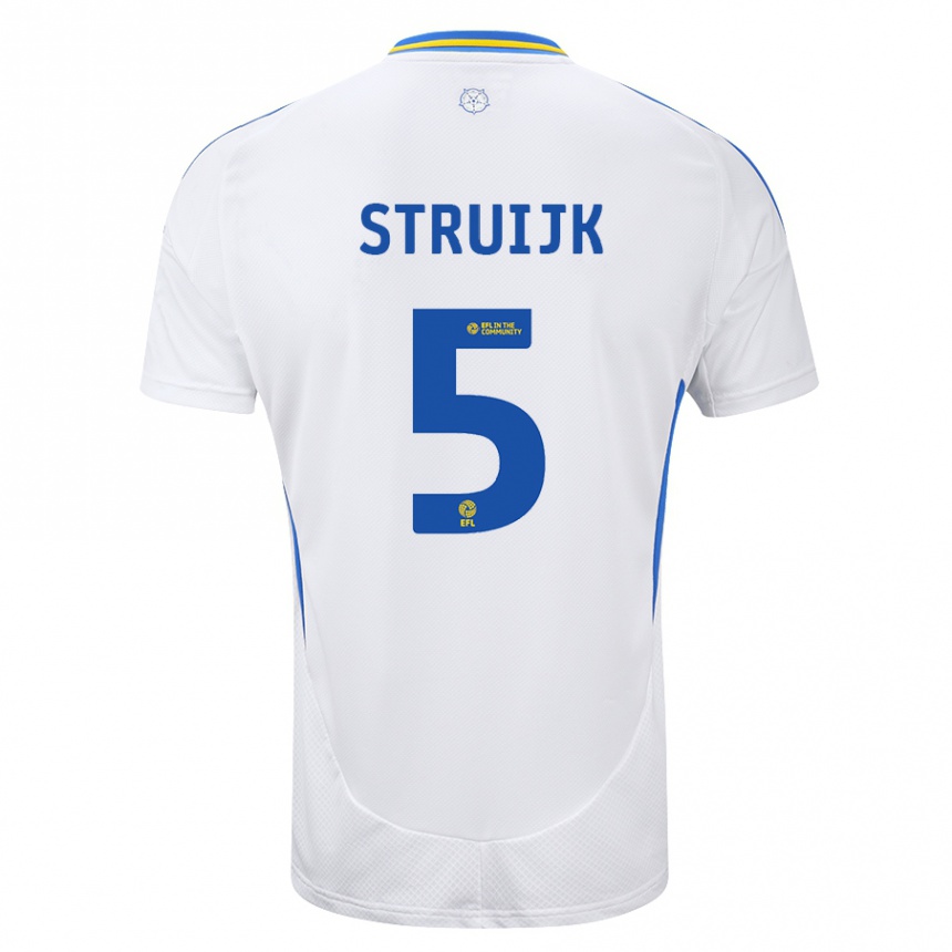 Kids Football Pascal Struijk #5 White Blue Home Jersey 2024/25 T-Shirt