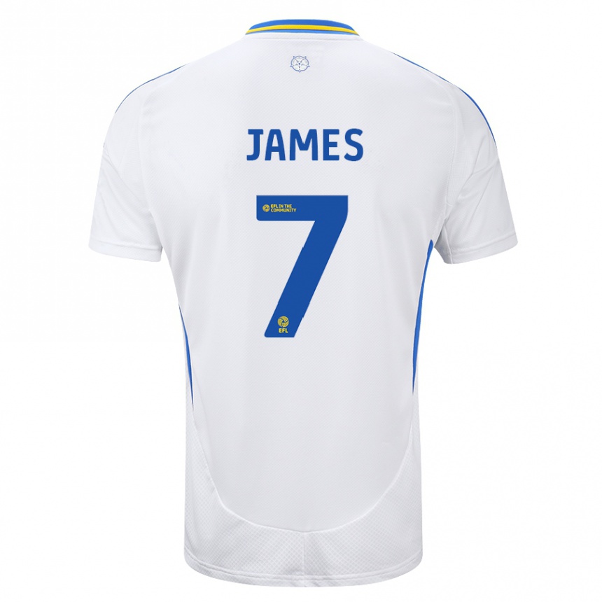 Kids Football Daniel James #7 White Blue Home Jersey 2024/25 T-Shirt