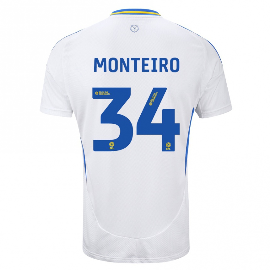 Kids Football Diogo Monteiro #34 White Blue Home Jersey 2024/25 T-Shirt