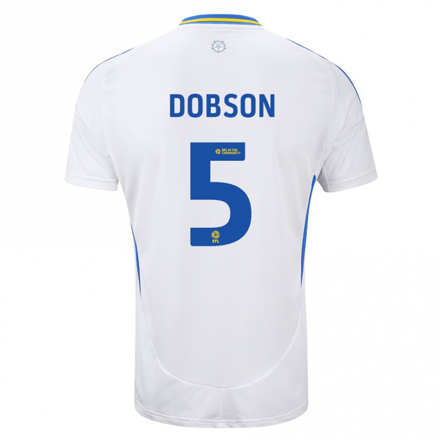 Kids Football Ellie Dobson #5 White Blue Home Jersey 2024/25 T-Shirt