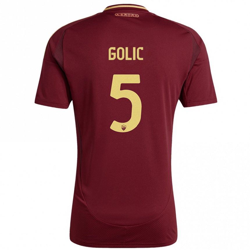 Kids Football Lovro Golic #5 Red Brown Gold Home Jersey 2024/25 T-Shirt