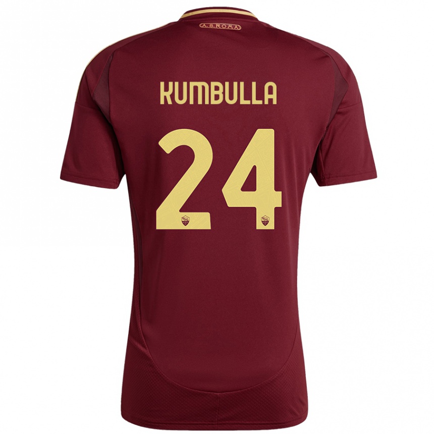 Kids Football Marash Kumbulla #24 Red Brown Gold Home Jersey 2024/25 T-Shirt