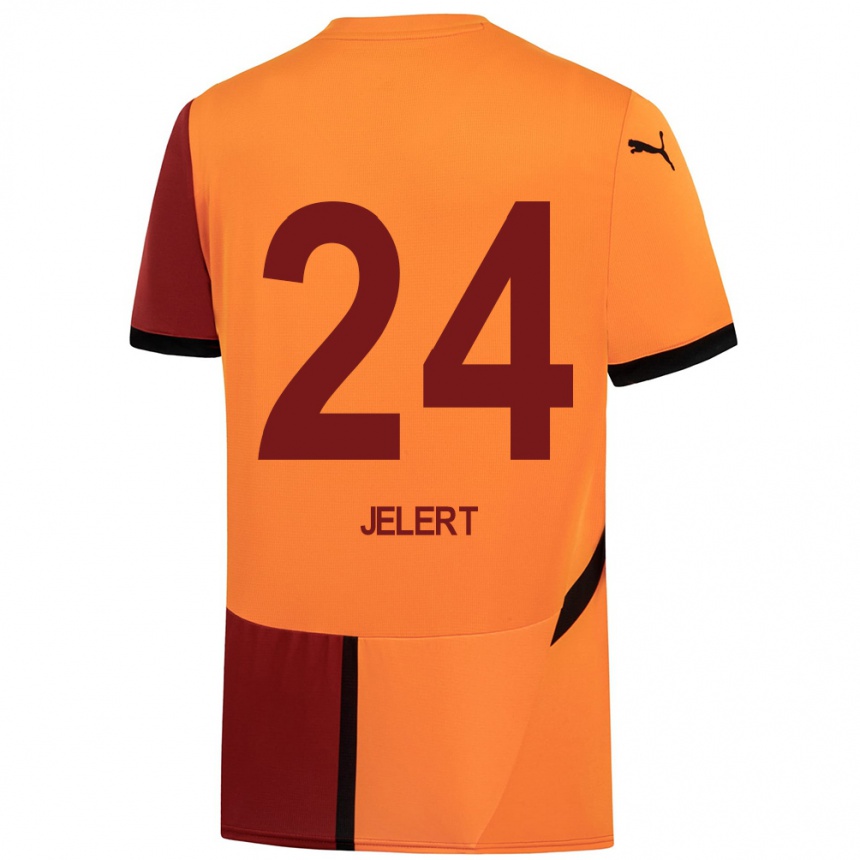 Kids Football Elias Jelert #24 Yellow Red Home Jersey 2024/25 T-Shirt