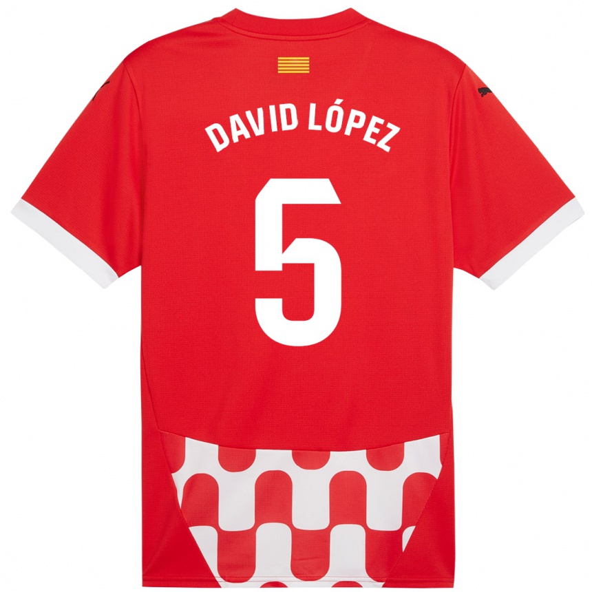 Kids Football David López #5 Red White Home Jersey 2024/25 T-Shirt