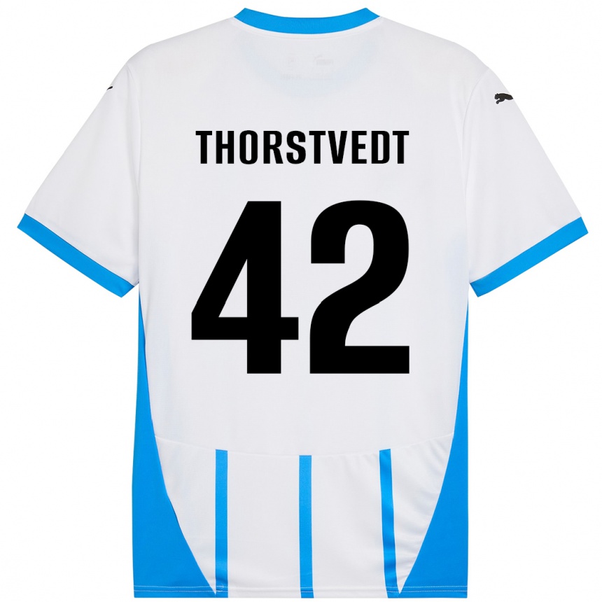 Kids Football Kristian Thorstvedt #42 White Blue Away Jersey 2024/25 T-Shirt