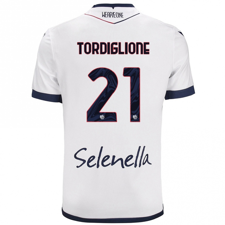 Kids Football Nicolò Tordiglione #21 White Royal Blue Away Jersey 2024/25 T-Shirt