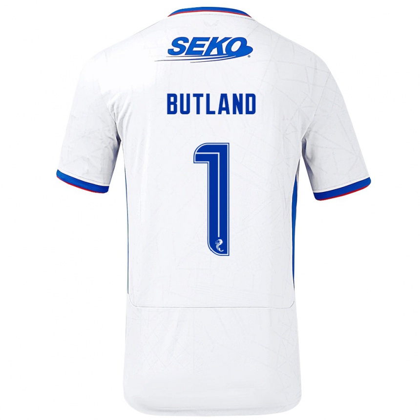 Kids Football Jack Butland #1 White Blue Away Jersey 2024/25 T-Shirt