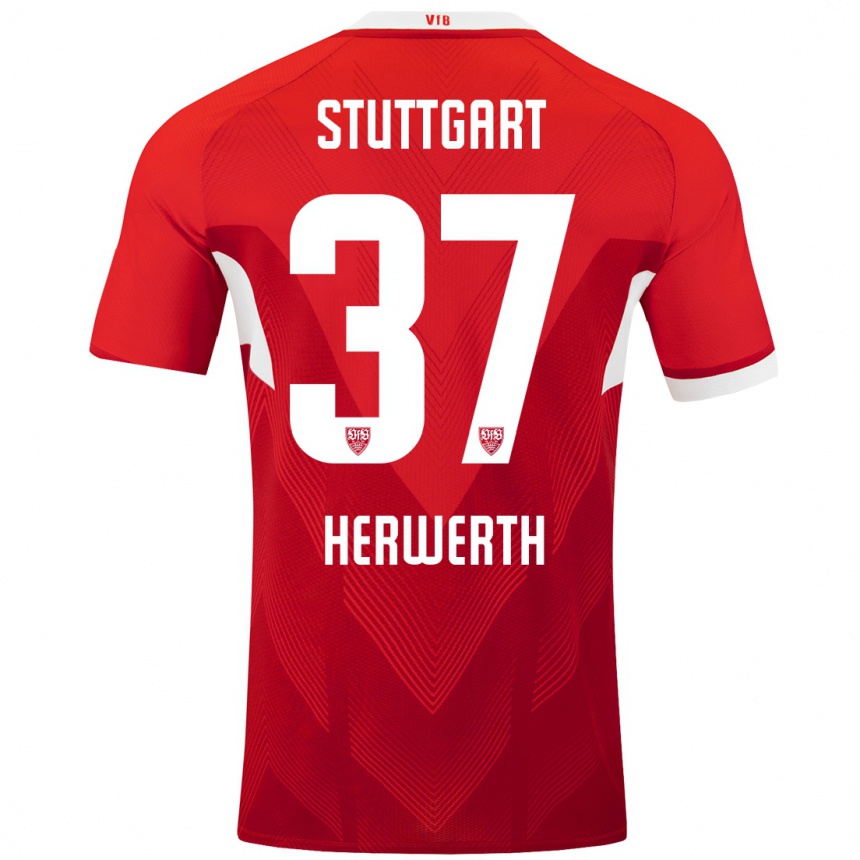 Kids Football Maximilian Herwerth #37 Red White Away Jersey 2024/25 T-Shirt