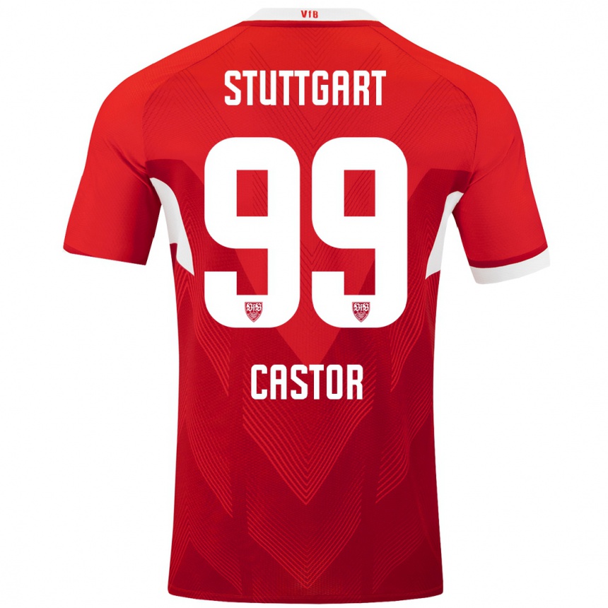 Kids Football Gillian Castor #99 Red White Away Jersey 2024/25 T-Shirt