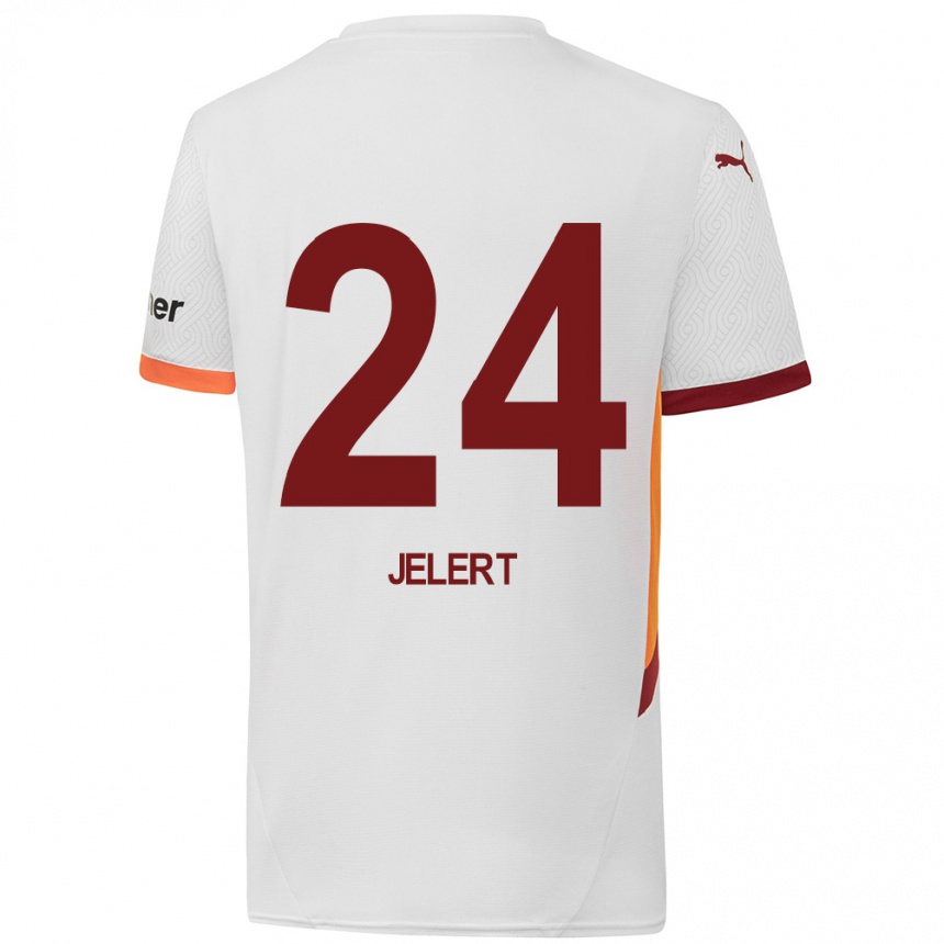 Kids Football Elias Jelert #24 White Yellow Red Away Jersey 2024/25 T-Shirt