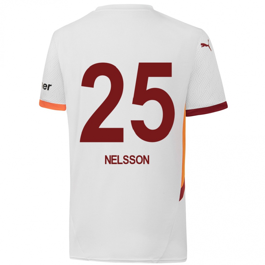 Kids Football Victor Nelsson #25 White Yellow Red Away Jersey 2024/25 T-Shirt