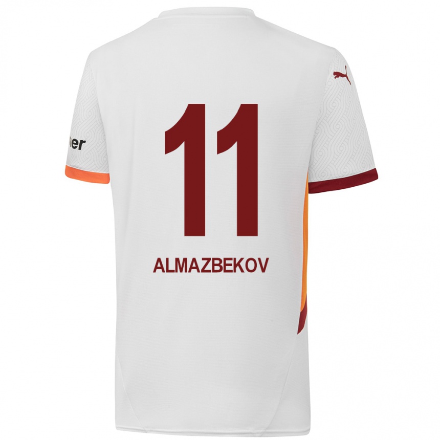 Kids Football Beknaz Almazbekov #11 White Yellow Red Away Jersey 2024/25 T-Shirt