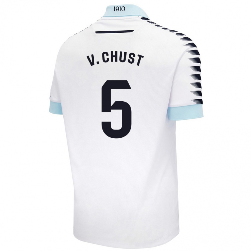 Kids Football Víctor Chust #5 White Blue Away Jersey 2024/25 T-Shirt