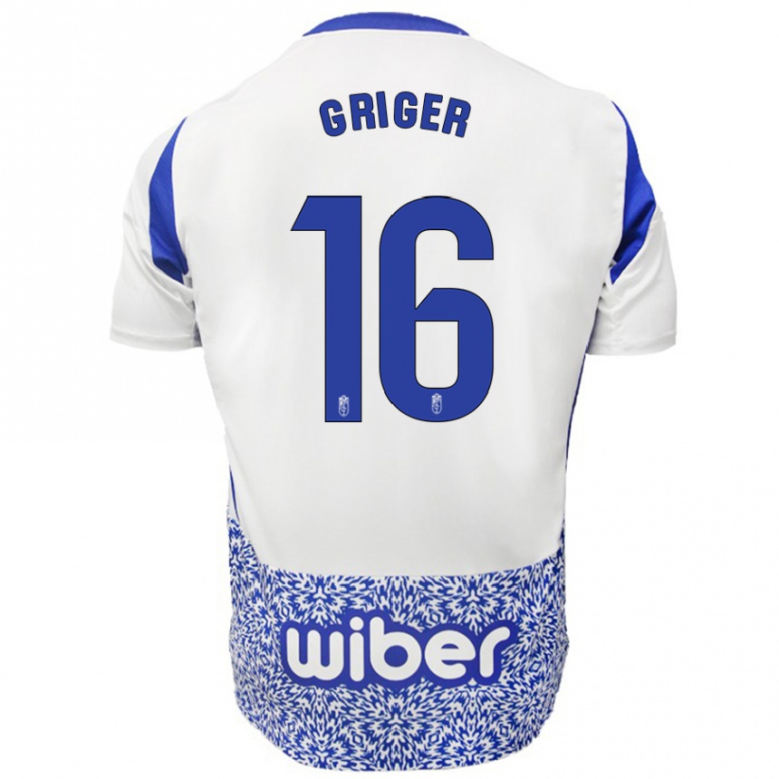 Kids Football Adam Griger #16 White Blue Away Jersey 2024/25 T-Shirt