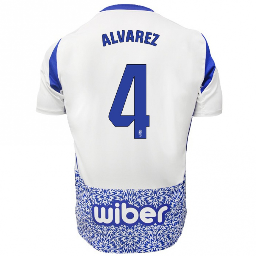 Kids Football Isabel Álvarez #4 White Blue Away Jersey 2024/25 T-Shirt