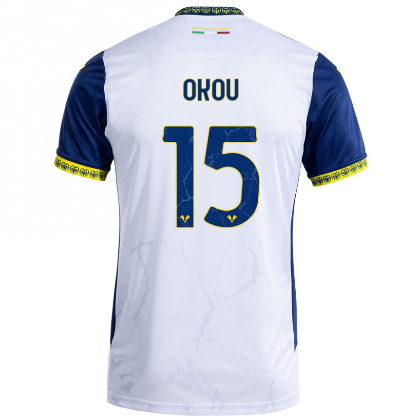 Kids Football Yllan Okou #15 White Blue Away Jersey 2024/25 T-Shirt