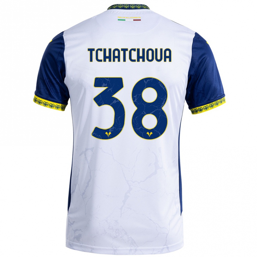 Kids Football Jackson Tchatchoua #38 White Blue Away Jersey 2024/25 T-Shirt