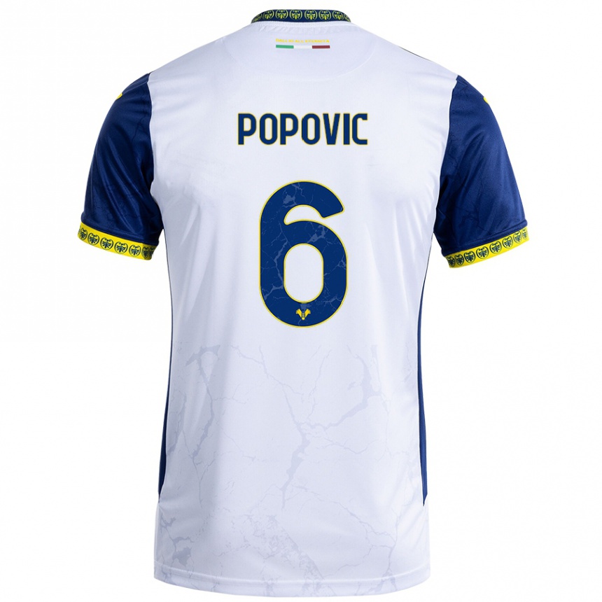 Kids Football Andrej Popovic #6 White Blue Away Jersey 2024/25 T-Shirt