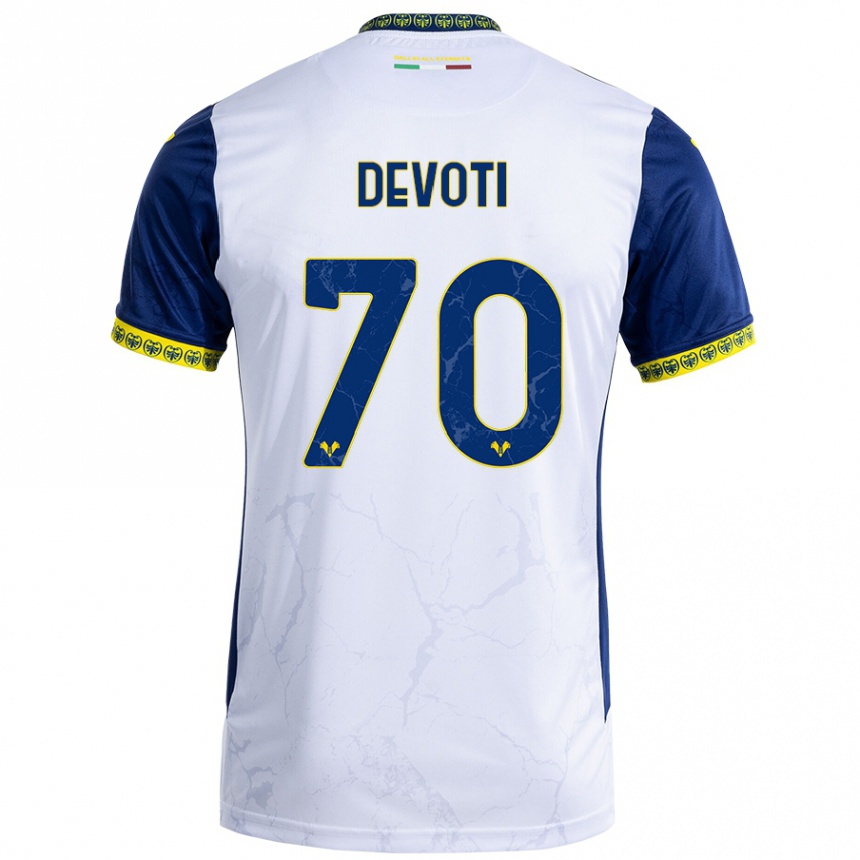 Kids Football Andrea Devoti #70 White Blue Away Jersey 2024/25 T-Shirt