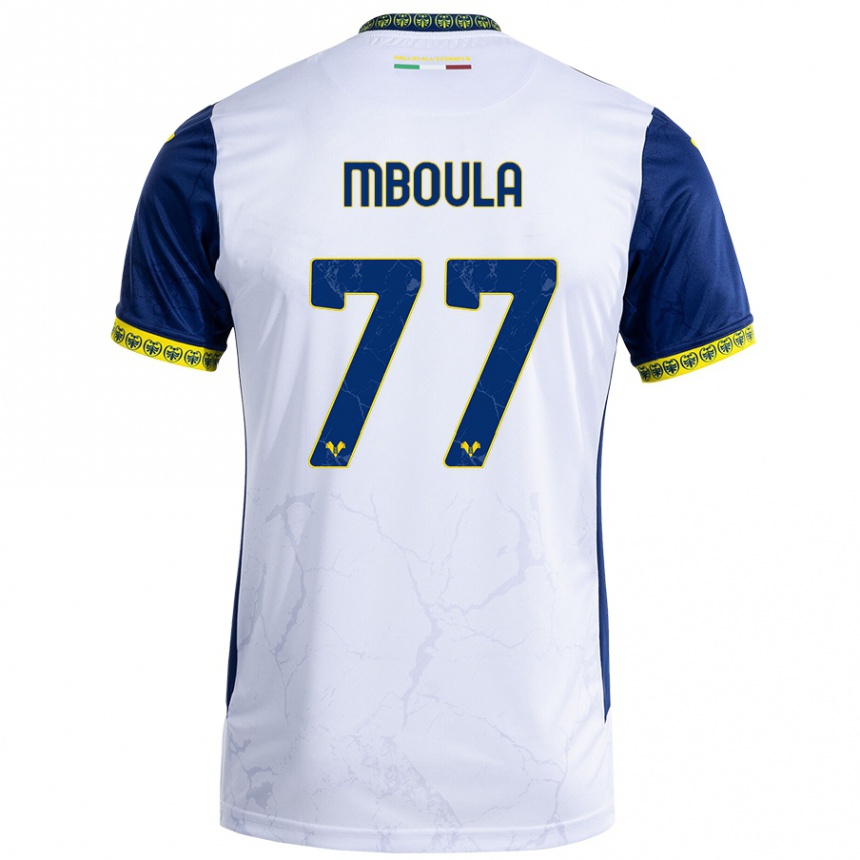 Kids Football Jordi Mboula #77 White Blue Away Jersey 2024/25 T-Shirt