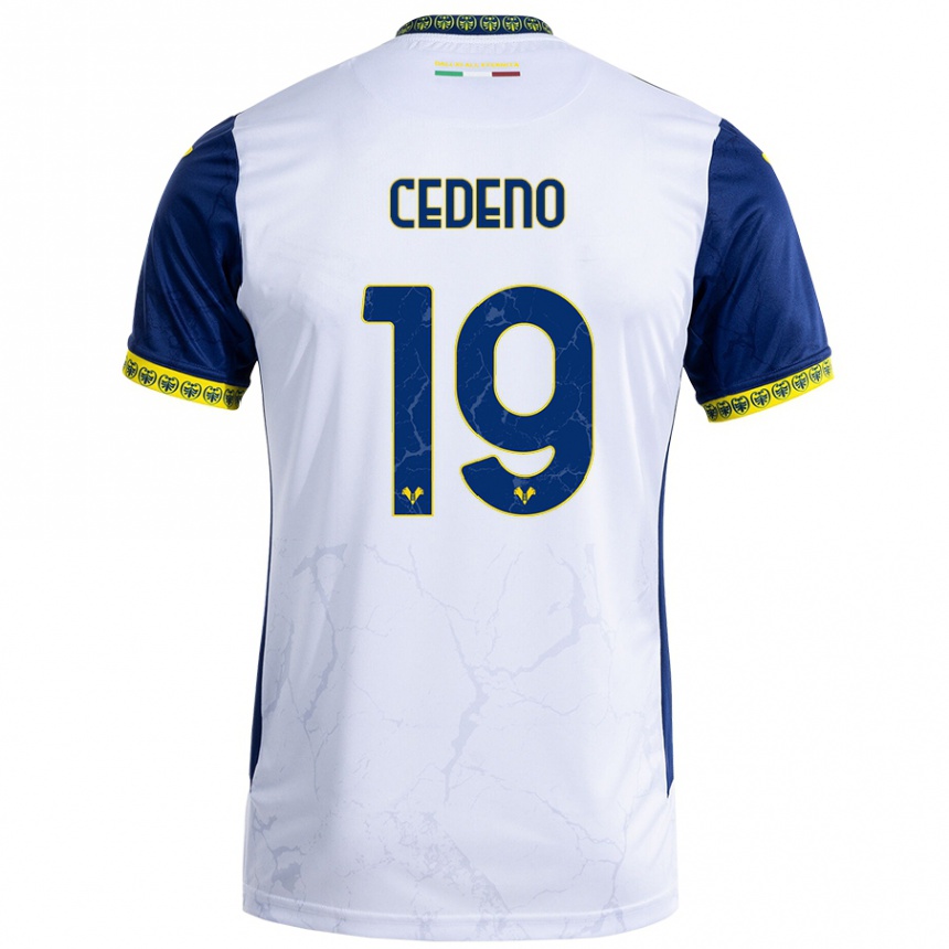 Kids Football Lineth Cedeno #19 White Blue Away Jersey 2024/25 T-Shirt