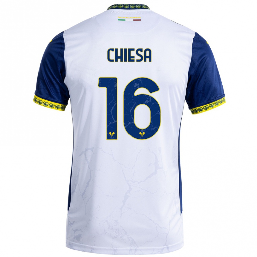 Men Football Mattia Chiesa #16 White Blue Away Jersey 2024/25 T-Shirt