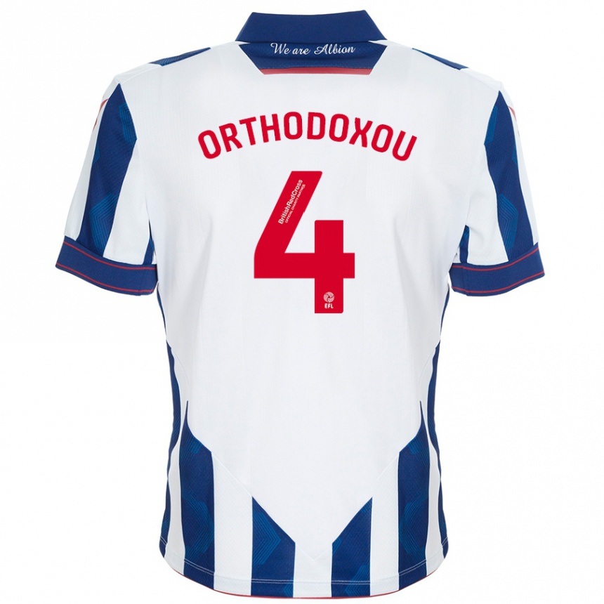 Kids Football Francesca Orthodoxou #4 White Dark Blue Home Jersey 2024/25 T-Shirt