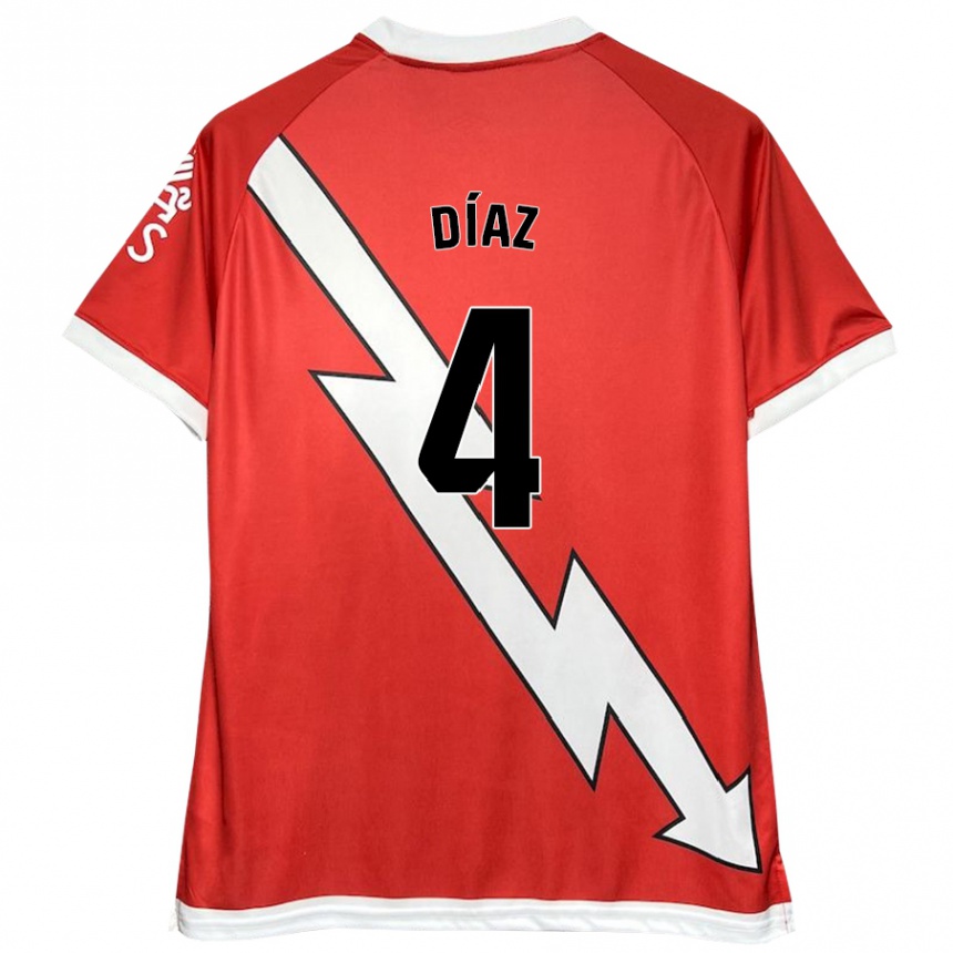 Kids Football Pedro Díaz #4 White Red Home Jersey 2024/25 T-Shirt