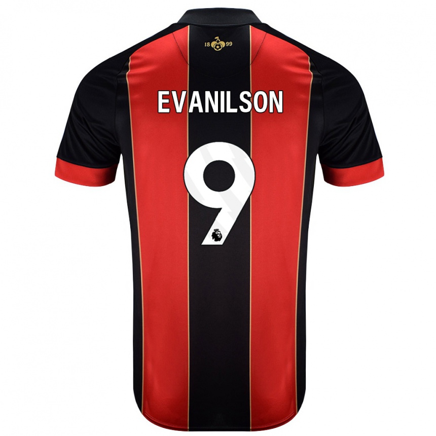 Kids Football Evanilson #9 Red Black Home Jersey 2024/25 T-Shirt