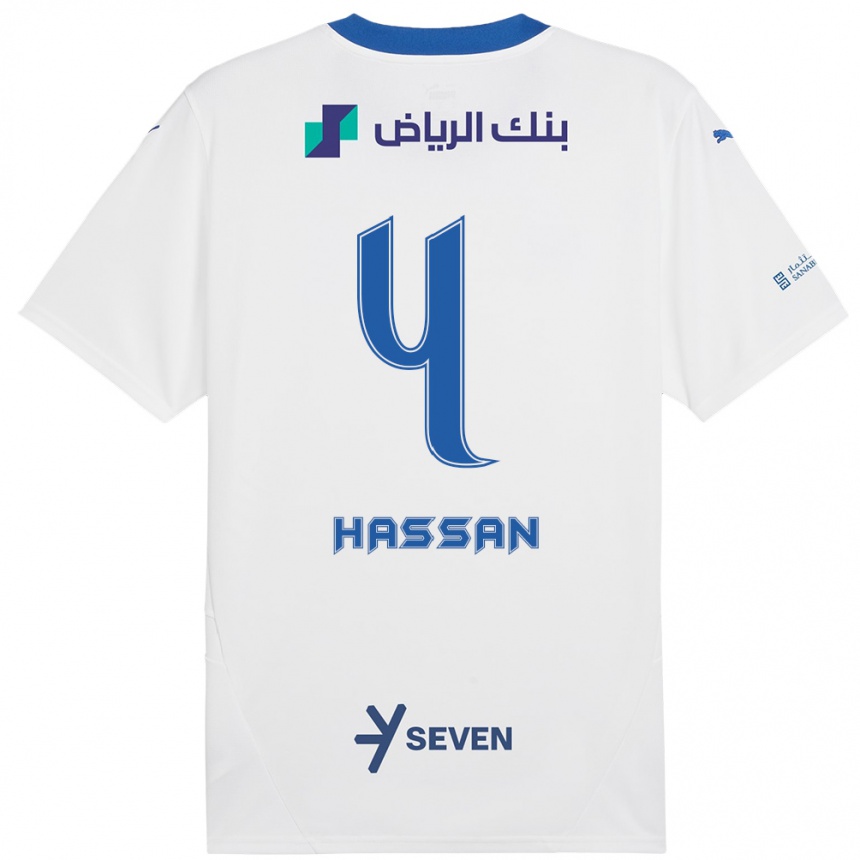 Kids Football Eman Hassan #4 White Blue Away Jersey 2024/25 T-Shirt