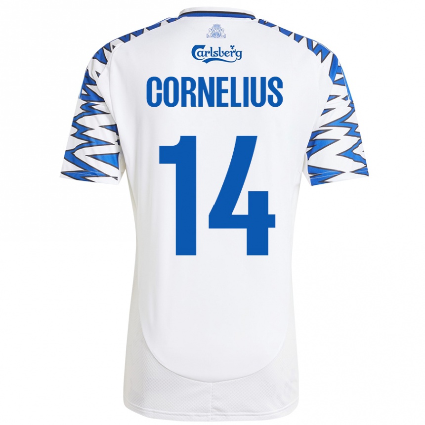 Kids Football Andreas Cornelius #14 White Sky Blue Home Jersey 2024/25 T-Shirt