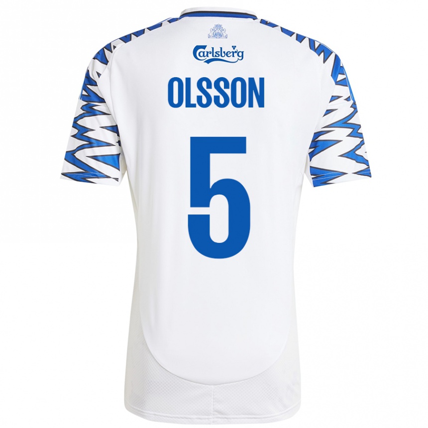 Kids Football Cornelius Olsson #5 White Sky Blue Home Jersey 2024/25 T-Shirt