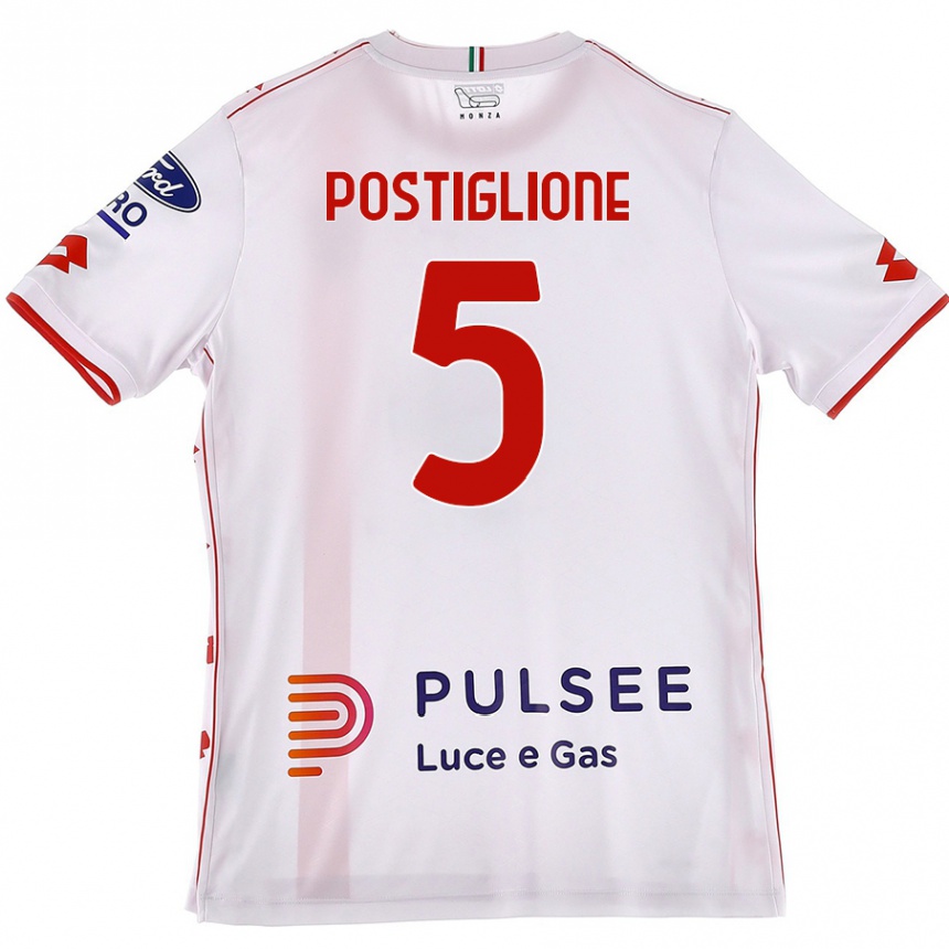 Kids Football Nicolò Postiglione #5 White Red Away Jersey 2024/25 T-Shirt