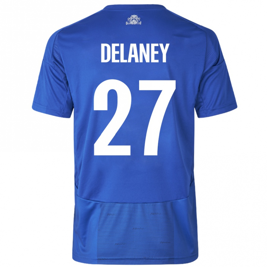 Kids Football Thomas Delaney #27 White Blue Away Jersey 2024/25 T-Shirt