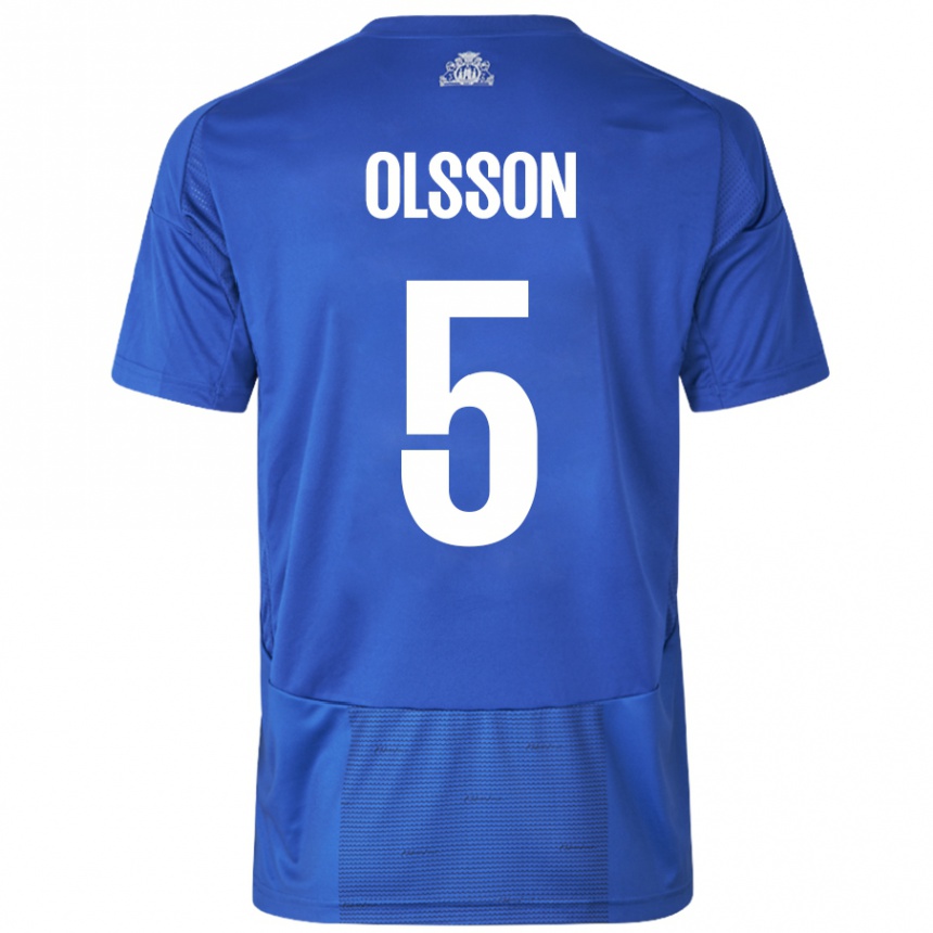 Kids Football Cornelius Olsson #5 White Blue Away Jersey 2024/25 T-Shirt